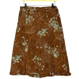 Vintage Womens Skirt 8P Brown Aqua Floral Chiffon Ruffle Midi Cottagecore
